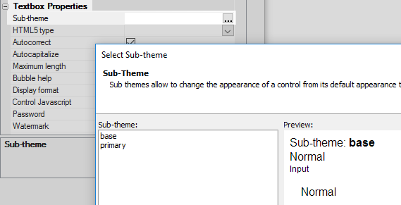 Sub-themes can be set on the UX Controls page in a control's properties list.